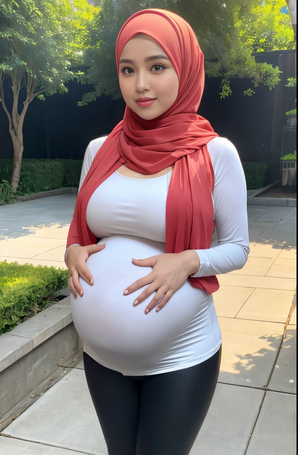 RAW, Best quality, high resolution, masterpiece: 1.3), beautiful Malay woman in hijab,Masterpiece, perfect slim fit body, (big breasts), (huge pregnant:1.2), big gorgeous eyes, Soft smile, wear a tight shirt & tight leggings, necklace, shairband, afternoon walk, City garden, Excellent lighting, Bright colors, Clean lines