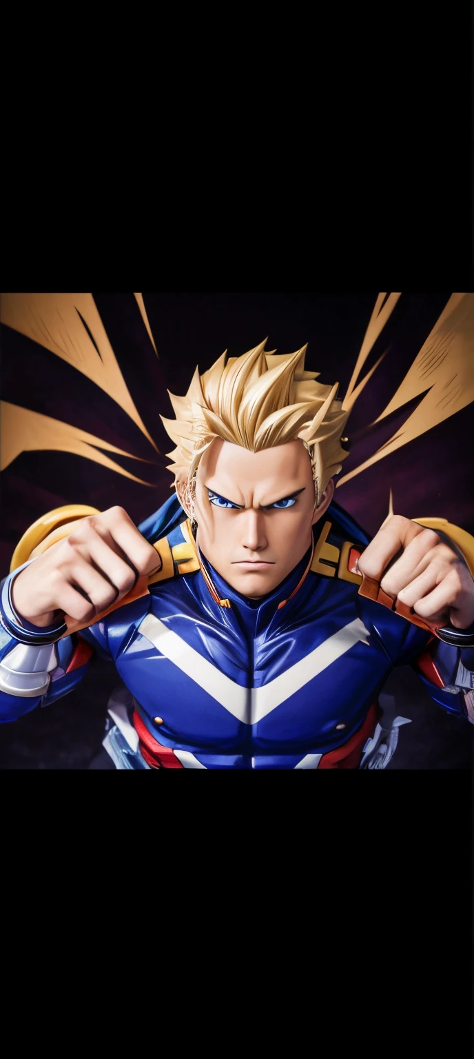 1 man, allmight boku no hero akademia, short hair blonde hair, blue clotch, realistic, ultra detail, 70 mm lens, black eye asian, asian skin