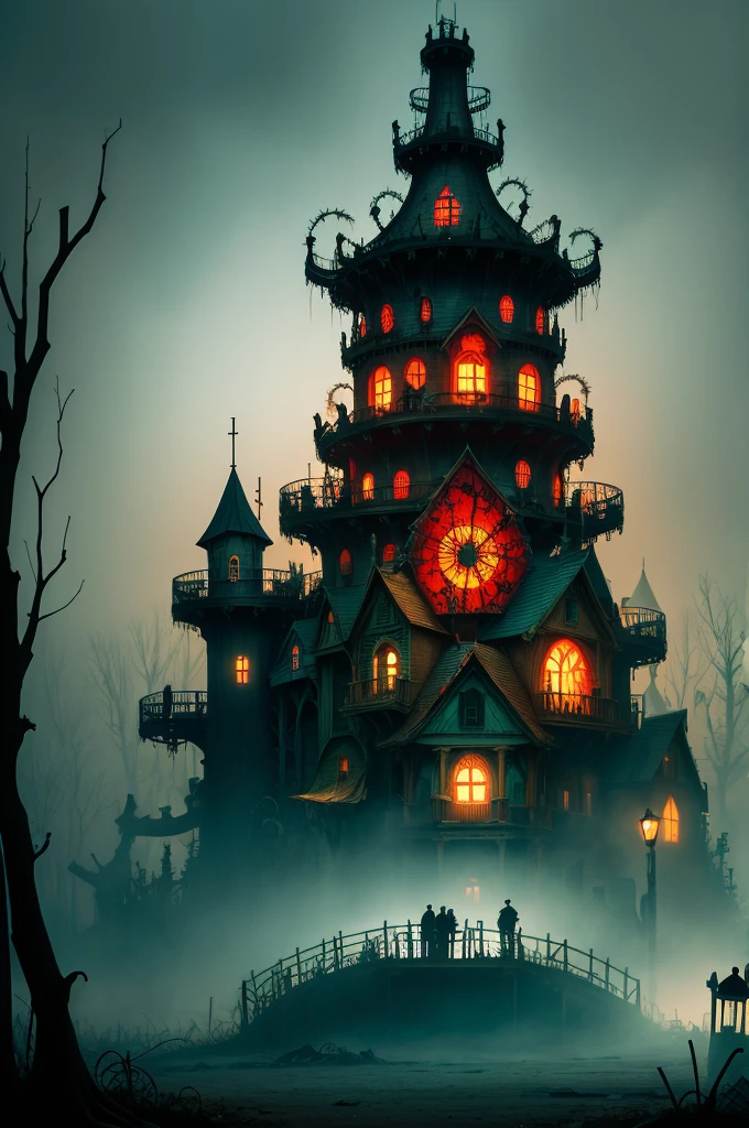 A haunted amusement park with eerie lighting, creepy abandoned rides, foggy atmosphere, twisted trees and grotesque sculptures, best quality, ultra-detailed, photorealistic, horror art style, dark and desaturated colors, dimly lit scenes.