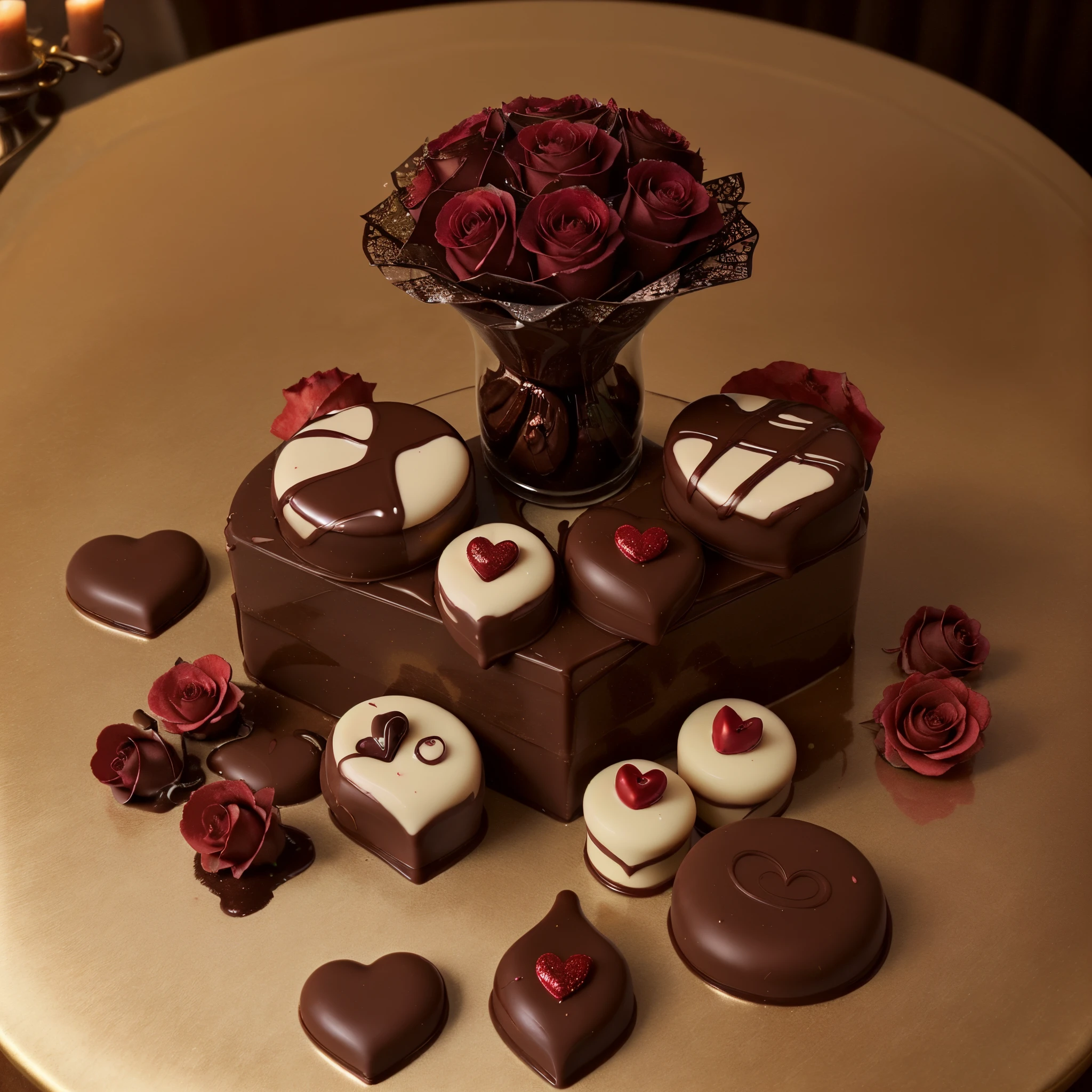 An exquisitely composed still-life image showcasing a bouquet of deep red roses intertwined with an assortment of decadent chocolates, commonly regarded as timeless symbols of love and affection. The meticulously captured details of each element are awe-inspiring: velvety petals that tempt the sense of touch, delectable chocolates arranged with artistic precision. This high-quality photograph captures the essence of romance and indulgence, invoking feelings of warmth and desire in the viewer.