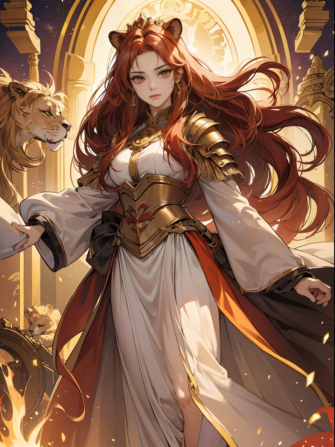 ((masterpiece)))、(((top-quality)))、((ultra - detailed))、(Surreal)、(Very detailed CG illustration)、offcial art、Gold and red shades、fanciful、Ancient mythology、Ancient Babylon、Dusk Battlefield、mistic、serious、A majestic、mistic、Best quality at best, masterpiece、ishtar, Goddess of war、Boost your fighting spirit、Invincible General、Brave and bold、Brave、strict、The majestic hall々、Glorias、reputation、Old hero、Cold、incomparable beauty、inca々right、lion guardian、Refinement、noble、Proud、Wear expensive jewelry、Equip your weapons、Luxurious appearance,golden armour、cloaks、tall and lanky skinny、Long fiery red hair、Perfect Ang