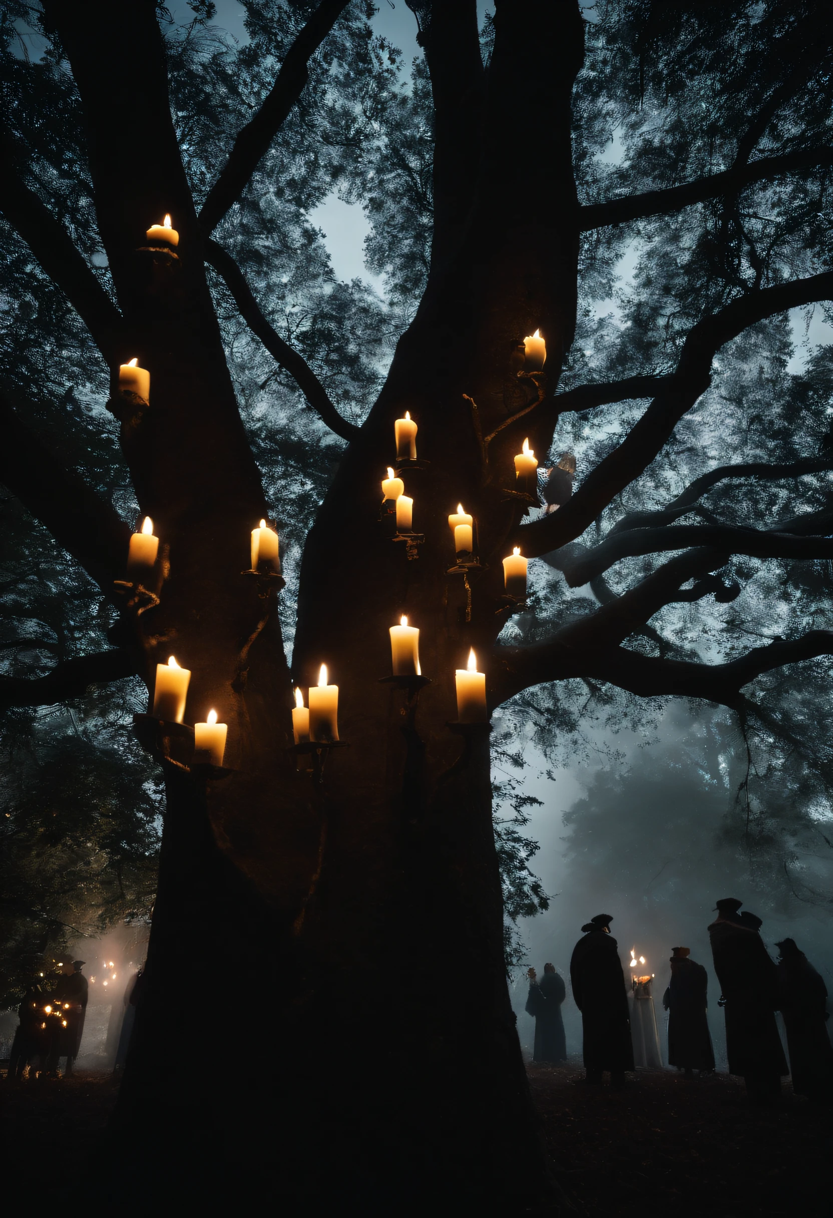 Martin Luther placed many candles on the branches of a tall tree in a dark forest...、create the world'oldest illumination、Martin Luther and his disciples lined up a huge number of candles in a vast forest.。overhead candles、Place a candle on a high tree branch、create a starry sky.、