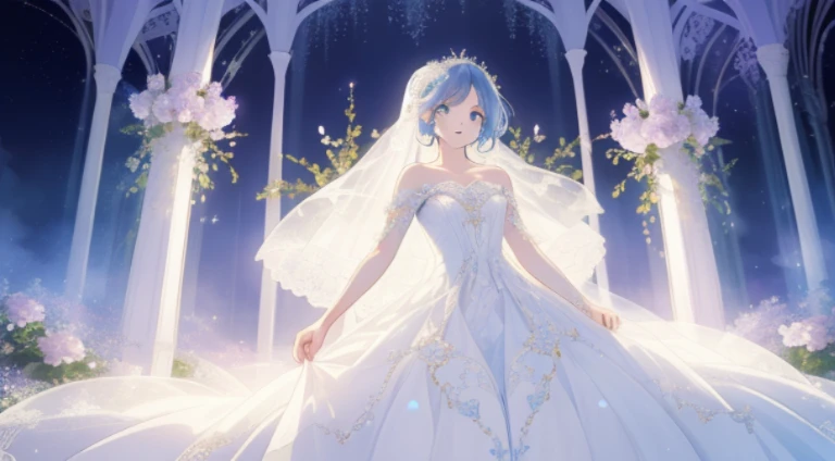 (top-quality、hight resolution、masterpiece)、There is a wedding dress with lights on the mannequin stand、A dream world where a beautiful woman wears that dress、((Fantastical))、 translucent dress, white royal dress, Elegant white dress, fantasy dress, Elegant dress, magical dress, romantic dress, fantasy dress with intricate decoration, white dress with luxurious embroidery, Wearing a beautiful white, lady dress with glowing flowers, ethereal and dreamy, dream style, White Dress, embroidery, Backlight、amazing splash、Luminous、
