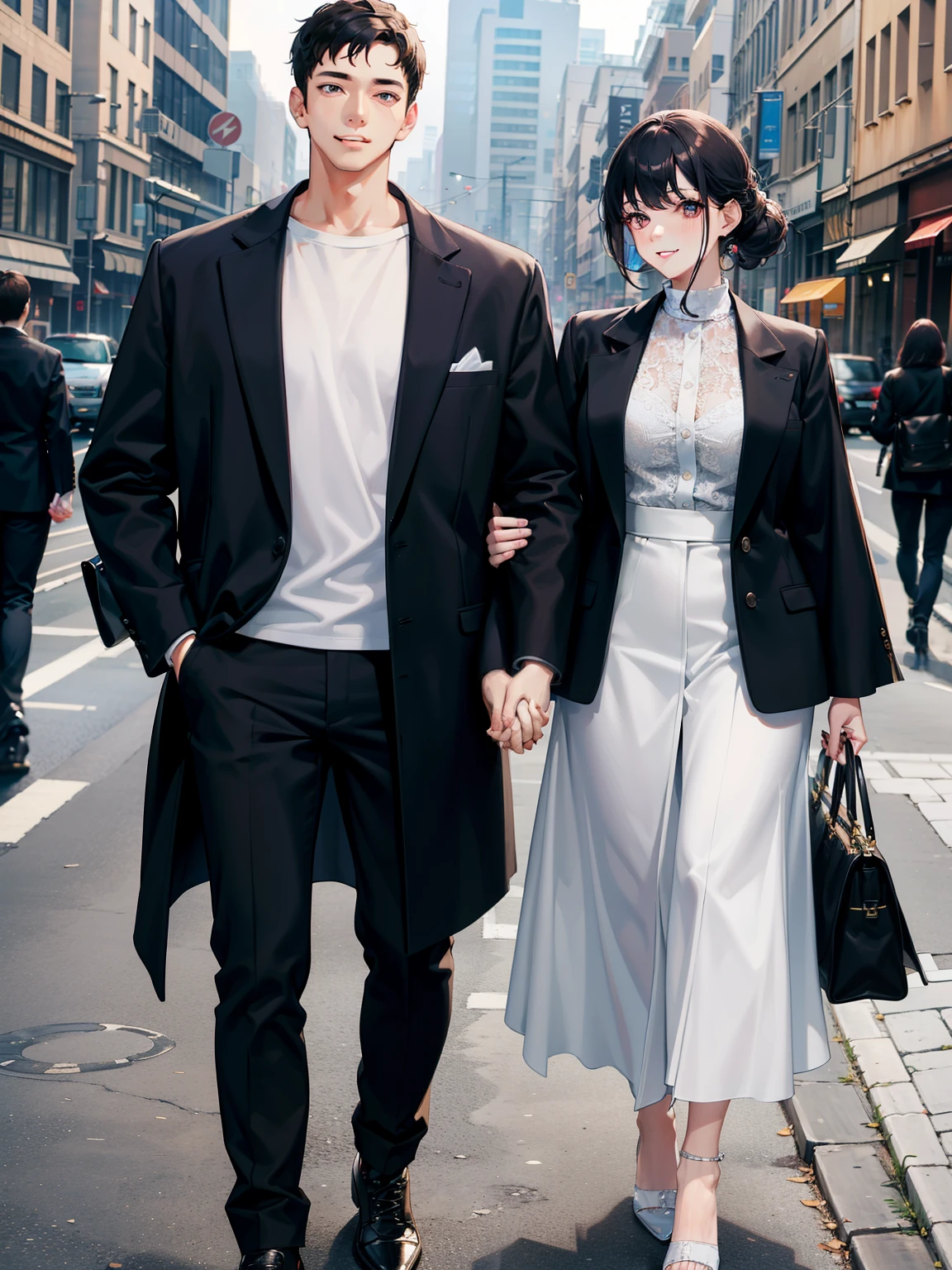 masterpiece, best quality, 2others, couple, 1man with 1woman, mature, adult, Height difference, different fashion, different color, finely detailed eyes and detailed face, intricate details, casual clothes, oversized shirt, modern urban street, holding hands, smile, happy, love