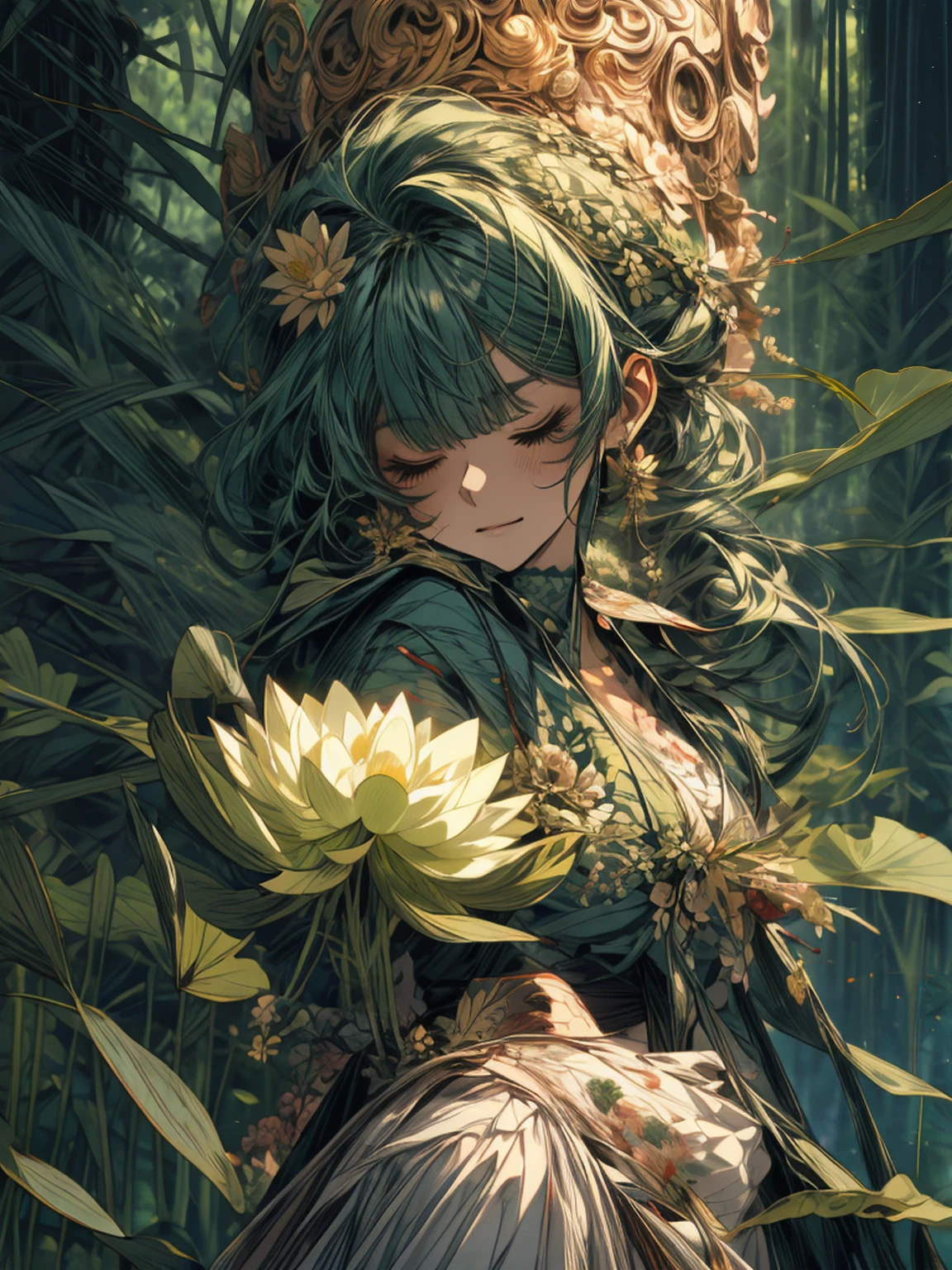 A green hair fairy with hairbun and closed eyes holding a lotus, dressed in green with leaves, in the style of anime-like characters, flowerpunk, herb trimpe, forest