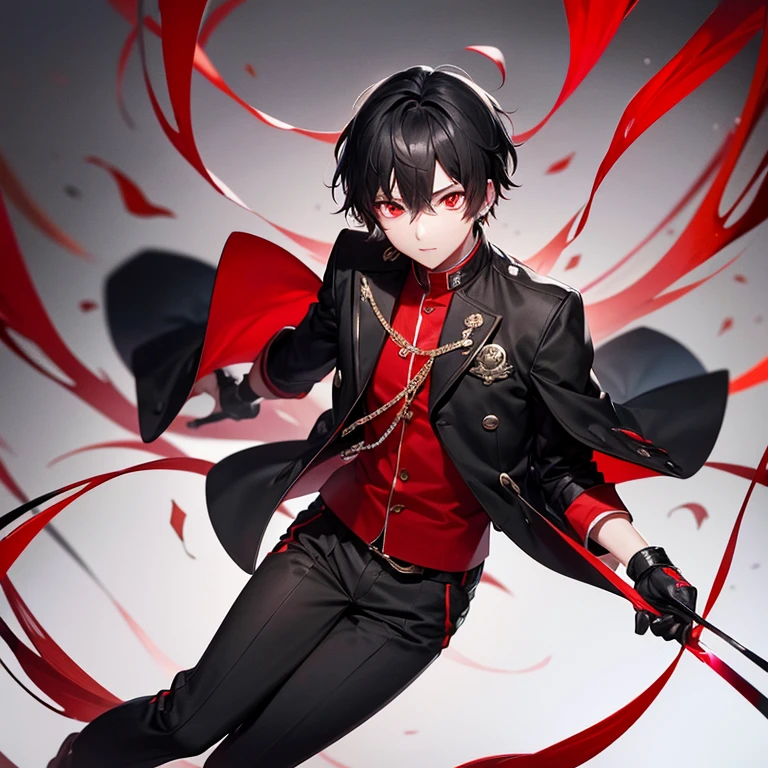 black hair, scarred face, male, tall, whole body, bayonet, short hair, smile, suit