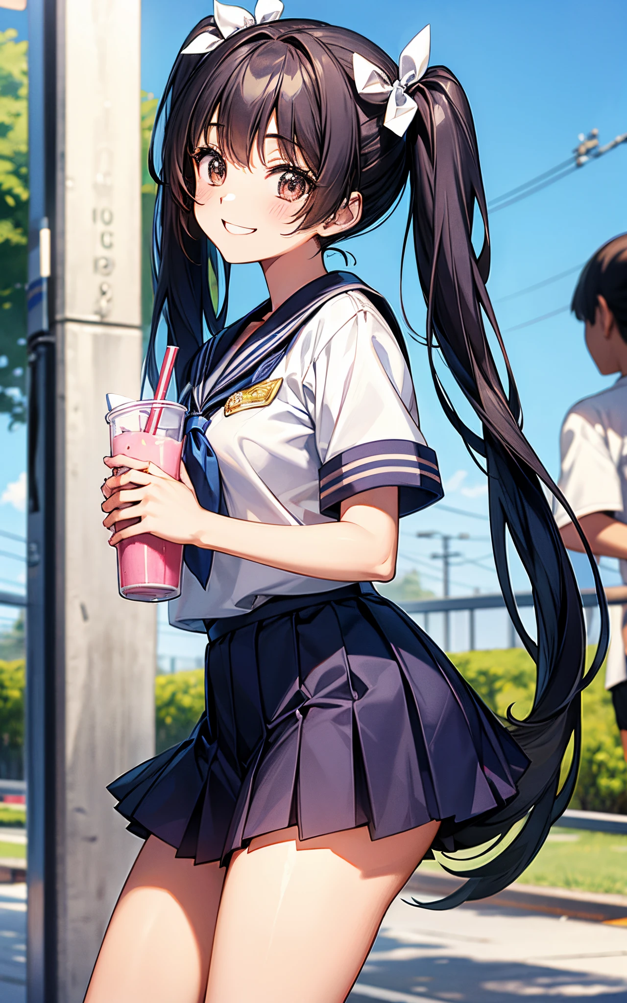Hairstyle is twin tails、She is wearing a high school uniform、with juice in one hand、Smile happily、During the summer