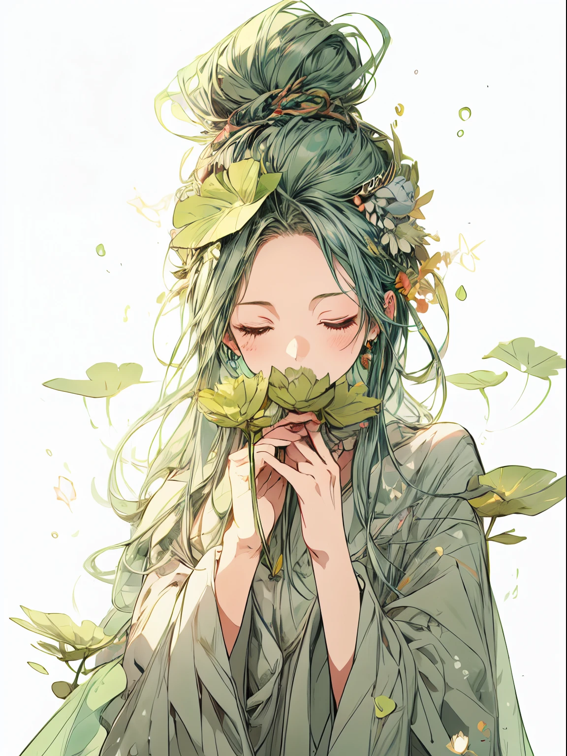 A green hair fairy with hairbun and closed eyes holding a lotus, dressed in green with leaves, in the style of anime-like characters, flowerpunk, herb trimpe, forest