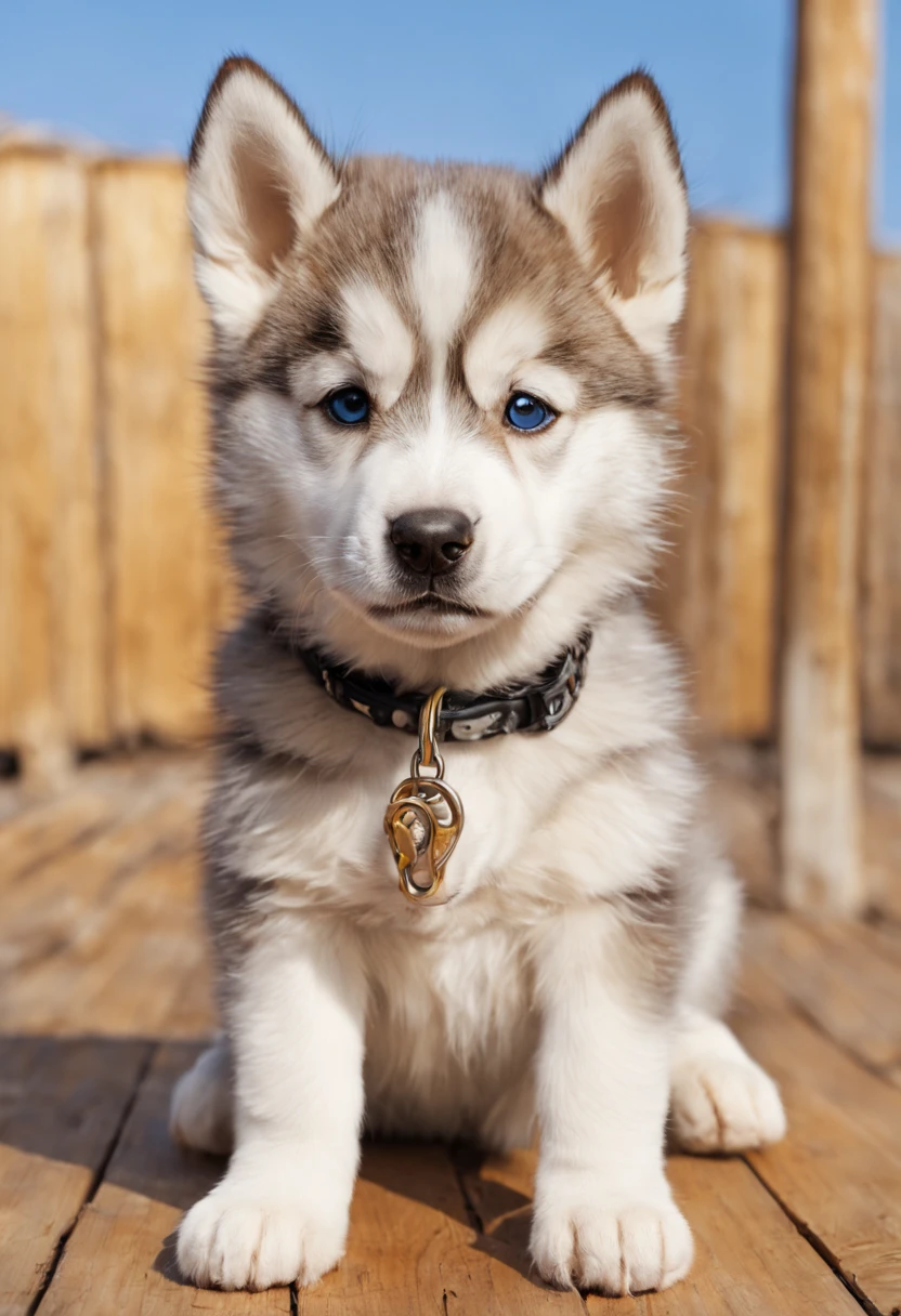 (masterpiece, better quality),ultra detailed,photorealistic,sharp focus,very detailed,siberian husky puppy,cute face,flip flop color eyes,perfect fingers,simple golden neck leash,sit on wooden floor,rusty brick wall as a background