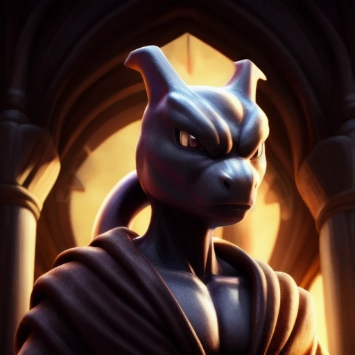 portrait mewtwo wearing mage robes, intricate, photorealistic, highly detailed, 8K, stoic,