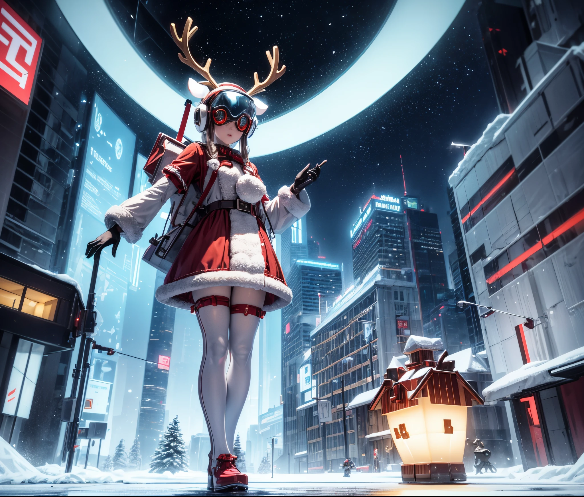 Reindeer, (blind box toy style:1.2), nuttcraker toy, (Full Body Shot) , 1 Transparent Santa claus, Behind him is a snowman and reindeer, snowflakes, Transparent mecha, Exquisite Helmet:1.2, glowing goggles:1.2, Cyberpunk, Dreamy Glow, Luminous neon lamp, clean, white background, ( Global illumination, raytracing, HDR, unreal render,reasonable design, high detailed, masterpiece, best quality, UHD, Cinematic Lighting)