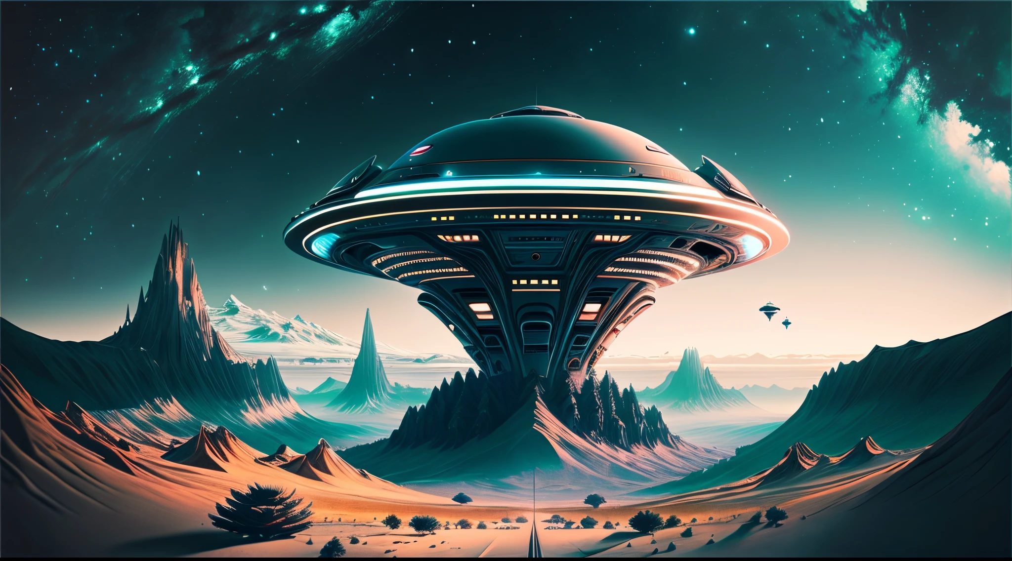 futuristic, UFO in space, aliens, scenic, beautiful scenery, beautiful background, dark, haunting, creepy, absurdres, high res, ultrasharp, 8k, masterpiece