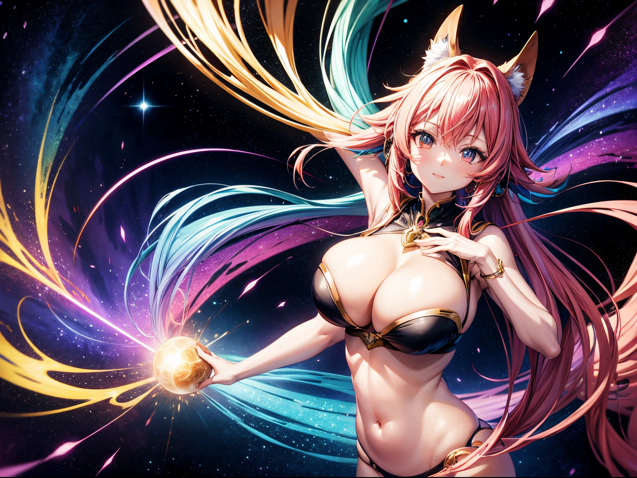 Vibrant anime-style characters exploring multiple universes through mesmerizing wormholes. Focus on dynamic poses and colorful cosmic backgrounds. enormous breast
