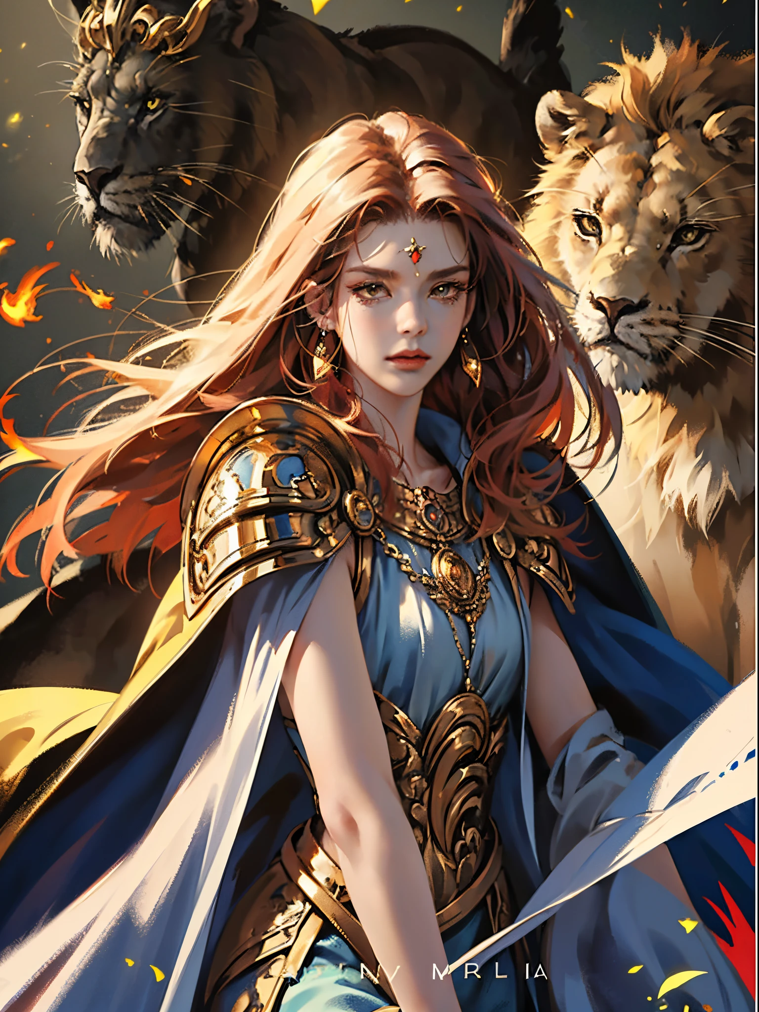 ((masterpiece)))、(((top-quality)))、((ultra-detailliert))、(A hyper-realistic)、(highly detailed CGillustration)、Official art、Gold and red tones、Fantasia、Ancient mythology、Ancient Babylonia、eventide、Mystical、solemnity、An majestic、Best Quality, master piece、Ishtar, Goddess of War、Increase your fighting spirit、Invincible Great General、Be brave and bold、Brave、Awe-inspiring Hall々、glorias、Prestige、Veteran Hero、Cool eyes、matchless beauty、Rin々Right、Guardians of Lions、refinement、noble、Proud、Wearing noble jewelry、Equip your weapons、The appearance is luxurious and golden armor、Cloak in the wind、Long body、fiery red long hair、Perfect Angle、perfect-composition、Perfect light、low angles