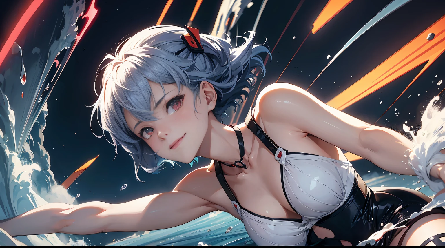 Evangelion cockpit,Masterpiece Portrait of Smiling Rei Ayanami (Shin Evangelion), Shin Evangelion (Hideaki), Caustics, high-resolution illustrations,14years, red eyes, Feminine, There are no students, Blue hair, Short hair details, medium chest circumference,Japan School Uniform, Low cost, scare, synthetic wave, paint splatter, shaded flat illustration, number art, Hot topics on artstation, The content is very detailed, Detailed pubic hair, iintricate, splash, Transcendent, Auto parts, neon colored,White under underwear,startup
