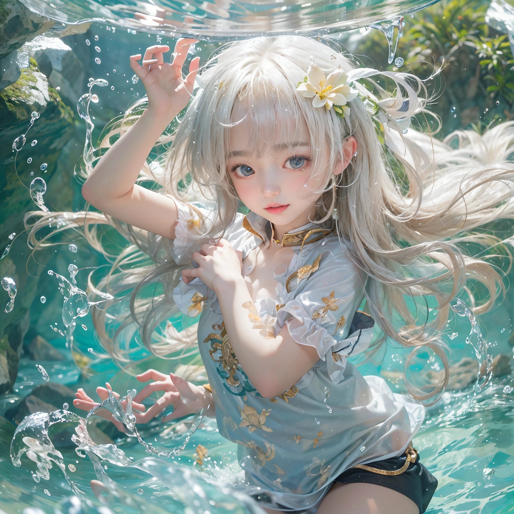 (8K, Original photography, Top image quality, masterpiece: 1.4), hyper HD, (Realistic, 真实感: 1.48), realisticlying, A high resolution, softlighting. Tiny Girls, girl jumping into the water、Falling、splash water、shout、Luminous water surface、White and Vivid colors, under the mesmerizing back lighting, glistening ivory skin, sparkling highlights, Detailed KAWAII face with cute lips, long eyelashes, Delicate clothes, Detailed open crotch, (((Whole Body proportions and all limbs are anatomically accurate))) .