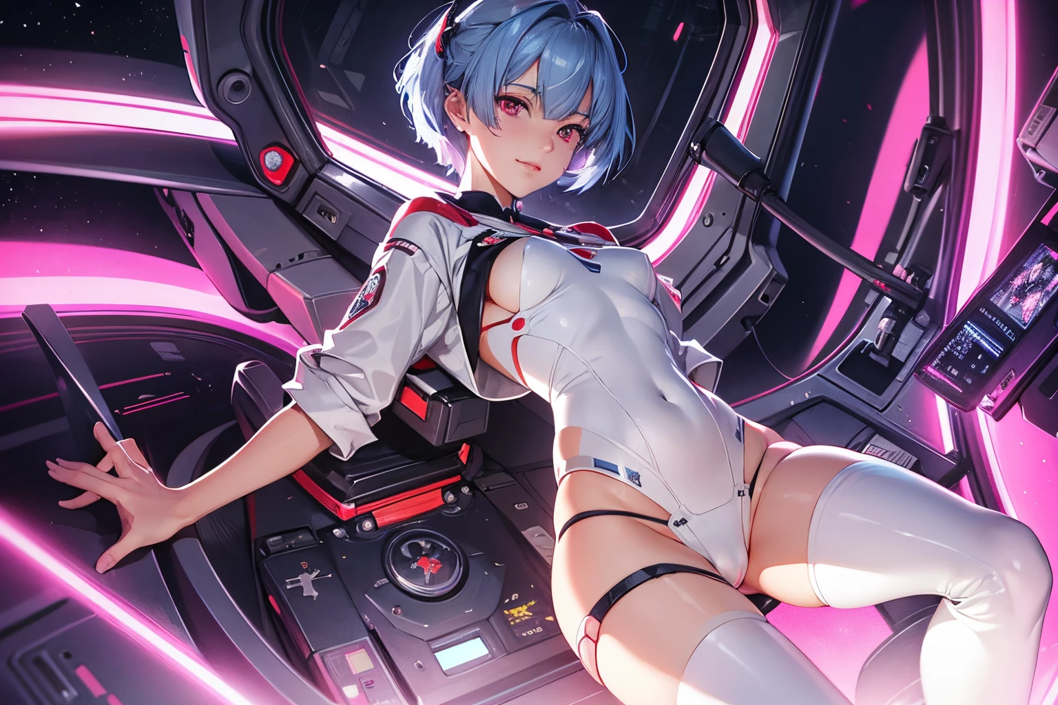 Evangelion Cockpit,Masterpiece portrait of a smiling Rei Ayanami (Evangelion), Evangelion (Hideaki), Caustics, High resolution illustration,14years, Red Eyes, Feminine, no pupils, Blue hair,  Short hair, Very small breasts,Japan school uniform, lowfers, swpunk, Synth Wave, Paint splatters, shaded flat illustration, Digital Art, Trending on ArtStation, Highly detailed, Fine detail, Convoluted, Splatter, Outrun, Vaporware, neon color,White underwear,long boots,Happy,