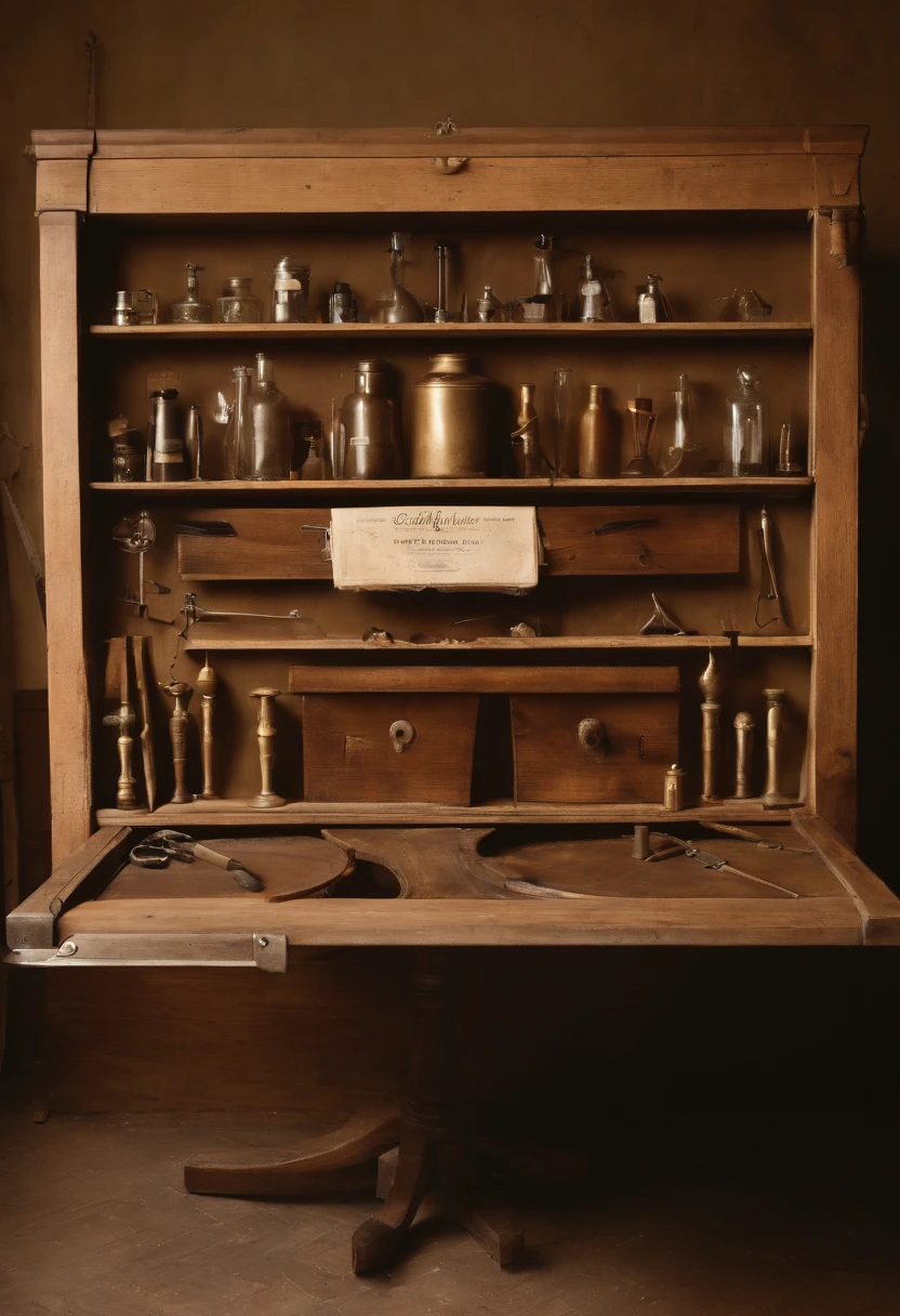 A photo of an antique embalming table with vintage medical tools,American history,Jeffrey Dahmer, an infamous American serial killer, had an unassuming appearance that belied his gruesome criminal nature. He was of average build and height, with blonde hair and bespectacled, often described as looking ordinary or nondescript. Dahmer’s typical attire was casual and unremarkable, further contributing to his ability to blend into society without arousing suspicion. His facial expressions often appeared flat and emotionless, especially in police photographs and court appearances., male