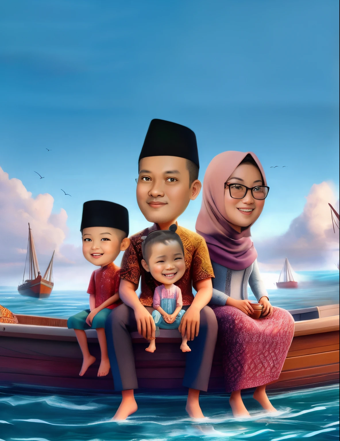 cartoon of a family sitting on a boat in the ocean, an indonesian family portrait, happy family, potrait, in cartoon style, full protrait, barong family, caricature illustration, cartoon digital art, family portrait, digital art cartoon, by Abidin Dino, realism artstyle, cartoon art, inspired by Basuki Abdullah, cartoon digital painting, family