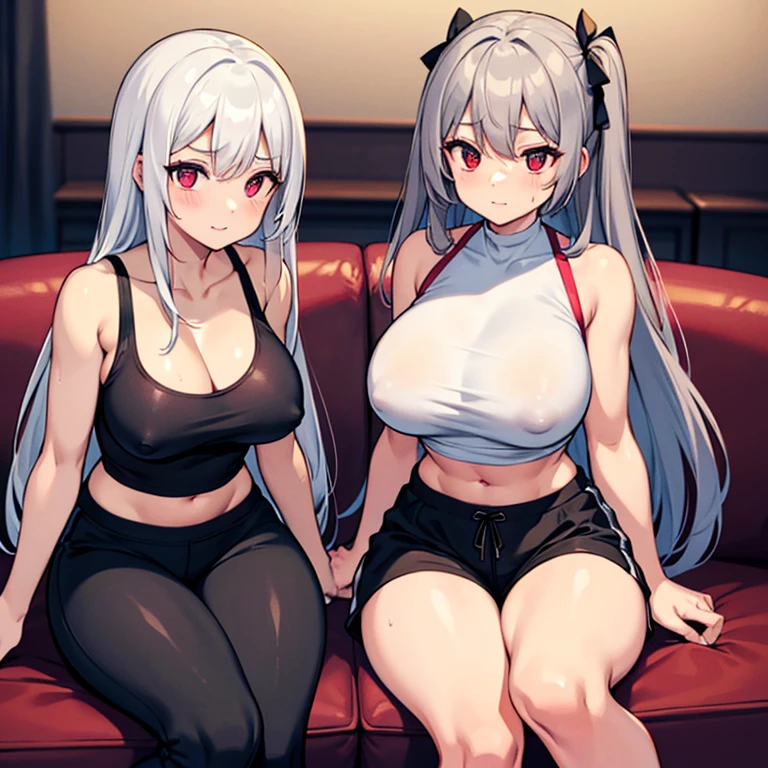 2 females. The first female has long gray hair, deep red eyes, wearing a tight casual tshirt, sweatpants, big tits, nipples visible through clothing, not muscular, slight smile. The second female has long white hair, deep red eyes, wearing a tight black sports bra, shorts, even larger tits, nipples visible through clothing, muscular, Both sitting on couch.