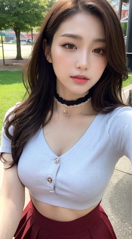 (best qualtiy,hight resolution,tmasterpiece:1.3),a tall and beautiful woman,Slender Abs,Dark brown hair with loose wavy styling,Wearing a choker,Red buttoned shirt,Strip strip,a black skirt,playground,Beautifully rendered details with face and skin texture,Detailed eyes,二重まぶた,Selfie angle。