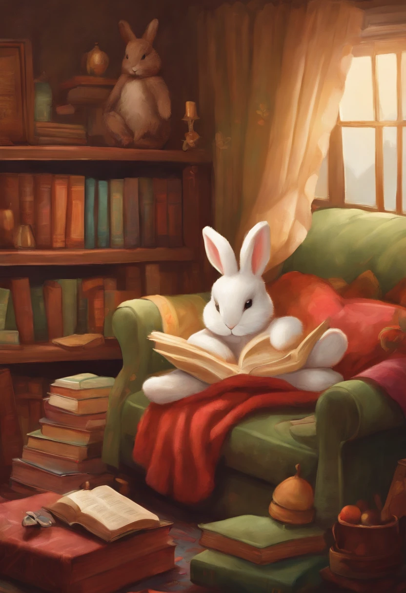 The image shows a cozy blanket-covered couch with a plush rabbit-shaped pillow and a stack of bunny-themed books.,original,I love rabbit., unknown
