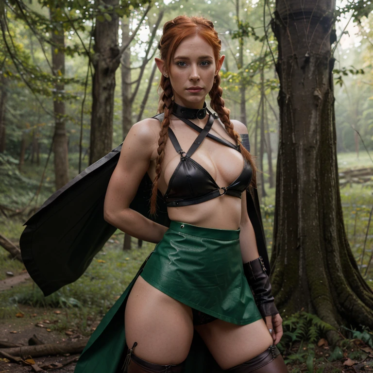 Penny pax redhead long hair braids ponytail glasses blushing dark eyes mascara eyeshadow collar topless jewellery chains leather straps green cloth torn skirt stocking gypsy medieval wet forest storm headband bangles elf ears dagger cloak bow and quiver tattoo dirty battle weary