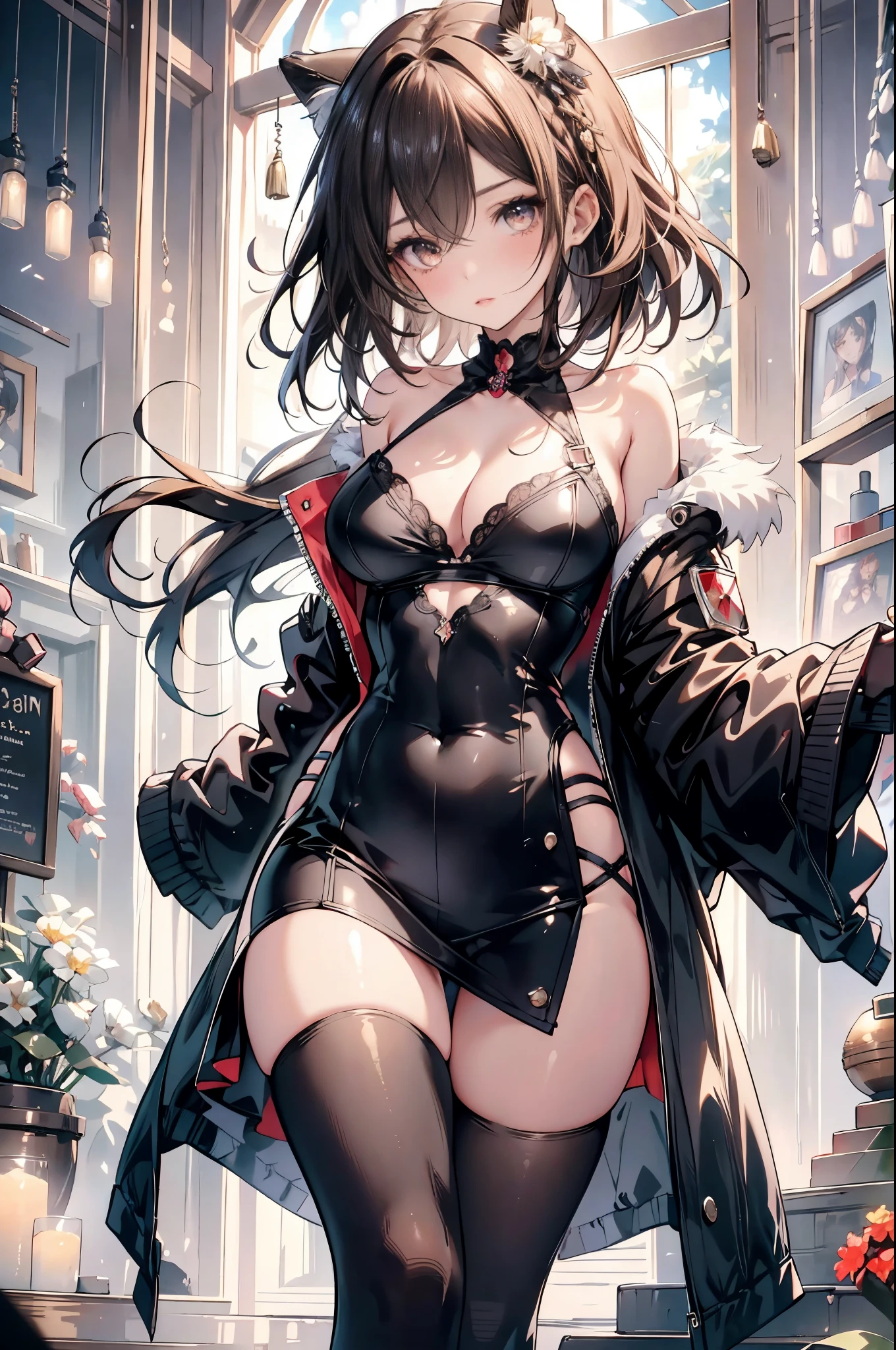 squatt, (women's costume), (Open the chest, Red bra top), (black pantyhoses), high-heels, supermarket, (tmasterpiece),((ultra - detailed)), (Highly detailed CG illustration),(face expressionless), (Best quality at best:1.2),(1个Giant Breast Girl:1.2),High quality texture, Complicated details, Detailed texture, Highqualityshadow, realistic facial expressions, Delicate, beautiful and delicate face, Delicate beautiful and delicate eyes, brown eye pupils, Face with perfect proportions, depth of fields, opinion,in her 20s, rosto magro, (largeeyes:1.2),Be red in the face,glossy lips, perfect bodies, slimification, (Willow waist:1.3), Bigchest, distinct_Image olow skin), focused only, (Brown hair), (Striped hair), light source contrast, ((Medium hair)), (Pure love face_v1:0.5) , (ulzzang-6500-v1.1:0.5),