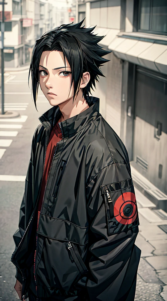 Masterpiece, 1boy, Superb Style, Urban Streetwear chothes, Outdoor, Upper Body, Uchiha Sasuke, bright eyes, black hair, cool boy
