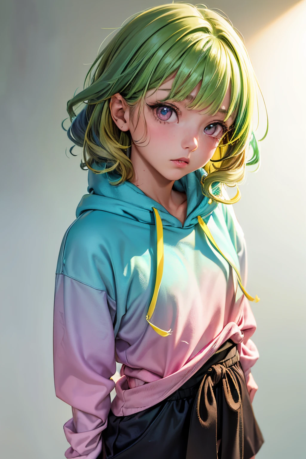1girl in, Solo, Solo Focus, Cowboy Shot, Portrait, oversized hoodie, Aqua green and white hoodie, Half Aqua, Half Green, ((Brown hair)), (Yellow hair), (Gradient Hair :1.5), Curly hair, ((Pink eyes)), ultradetailed eyes, asa, (Caramel Black Skin:1.1), Best Quality, Ultra-detailed, White background, Simple background，White panty、