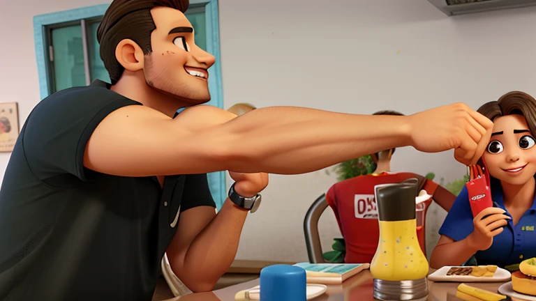 Casal, Burger night, sorridente, mesa, cadeira, refrigerante, mesa, burger