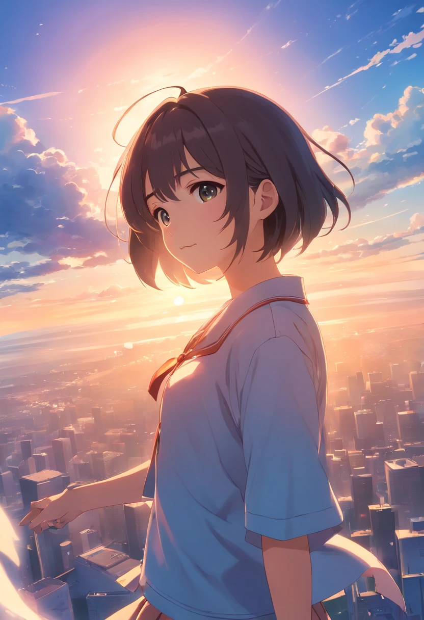 ​masterpiece、top-quality、Movie stills、1girl in、Cloud Girl、floating in sky、a closeup、发光、Happiness、Warm and soft lighting、the setting sun、(Spark:0.7)、Colossal tits、a miniskirt、hi-school girl