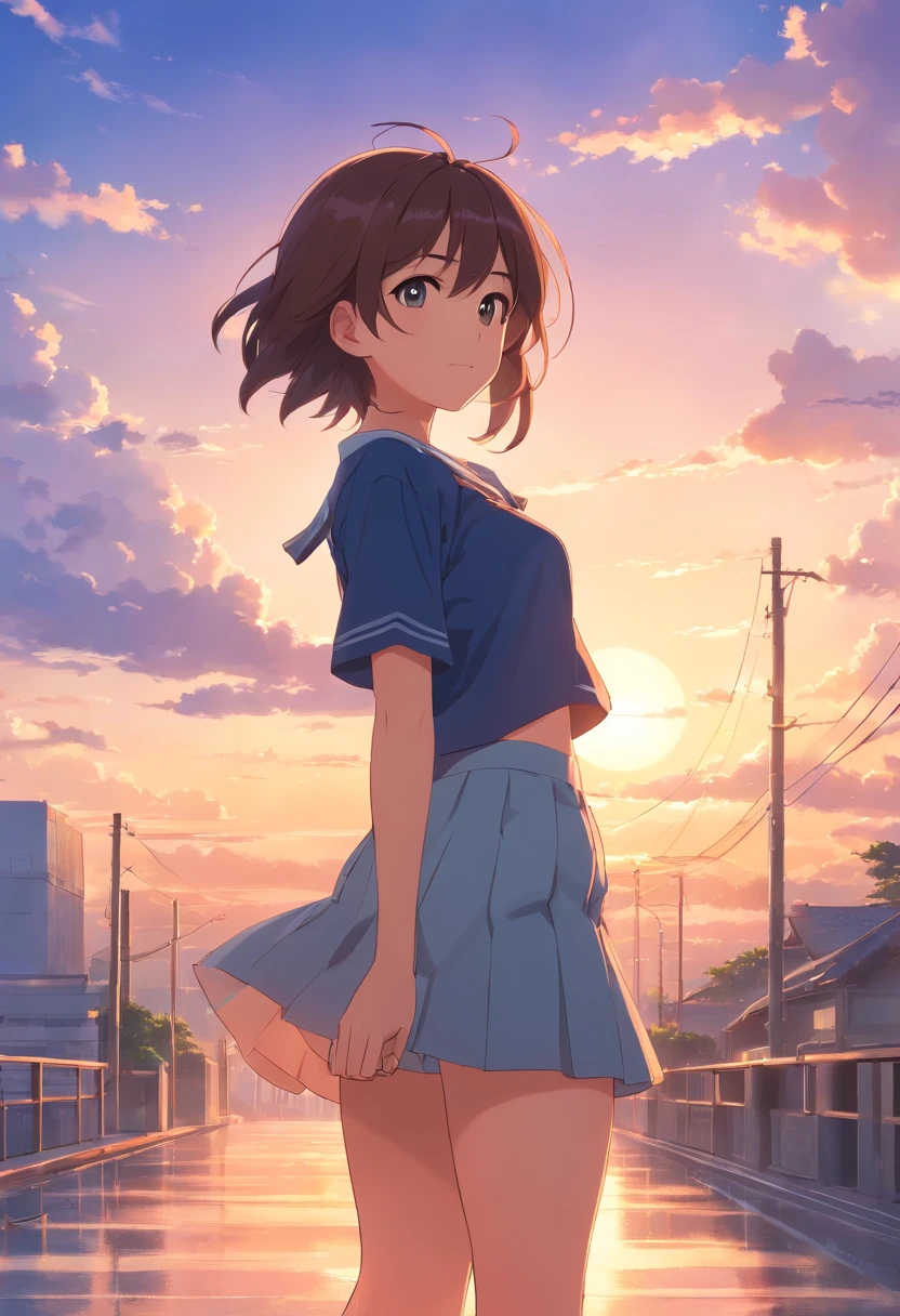 masterpiece、top-quality、Movie stills、1girl in、Cloud Girl、floating in sky、a closeup、发光、Happiness、Warm and soft lighting、the setting sun、(Spark:0.7)、Colossal tits、a miniskirt、hi-school girl