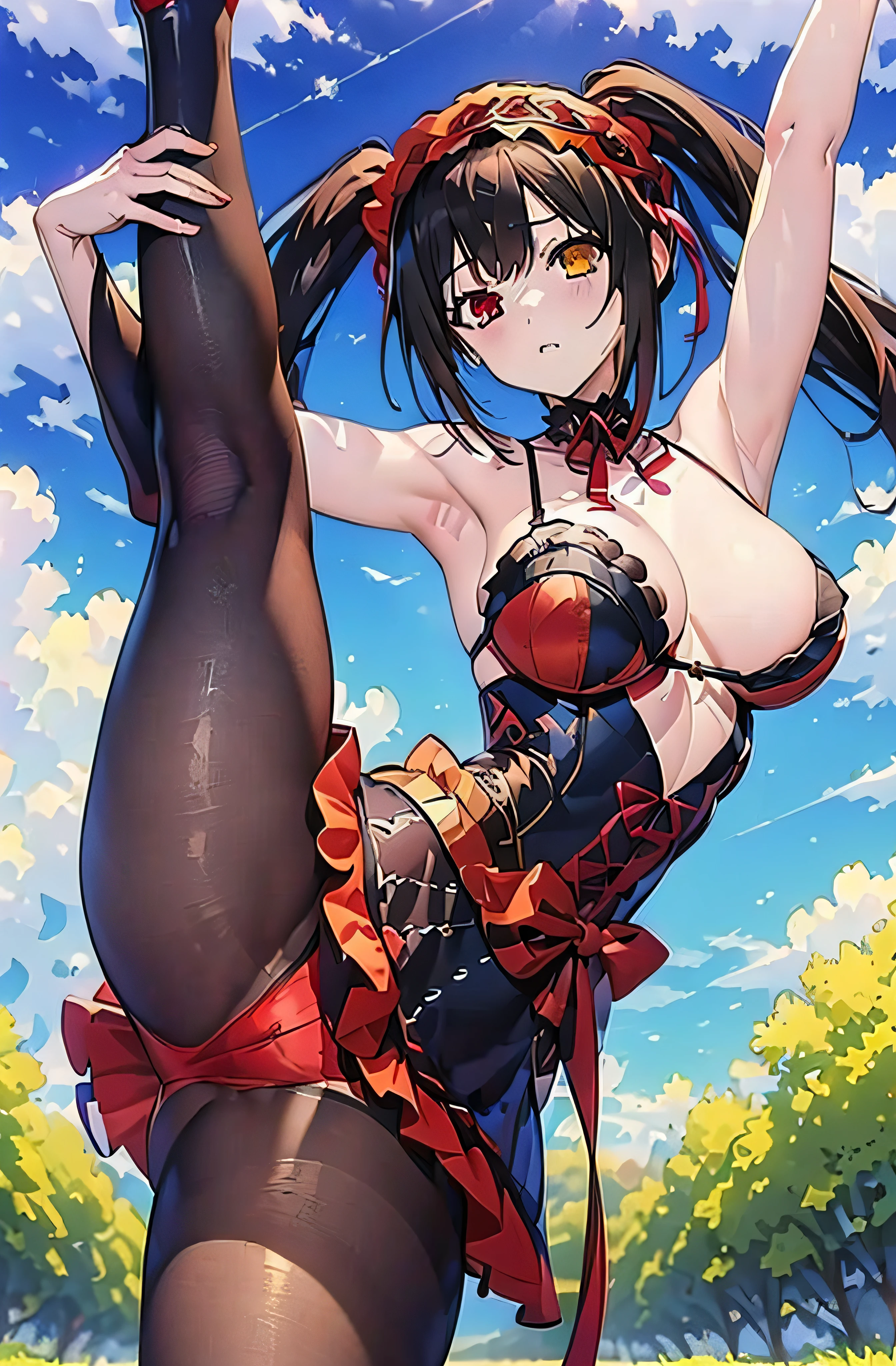 ((masterpiece, best qualtiy, hdr)), 1girl, solo, (Tokisaki Kurumi), (kkkrumi), (gothic clothing), (red and black dress with frills), (black pantyhose), (red right eye), (yellow left eye), (golden clock eyes), (hair accessories), (red ribbons), (double ponytail), (black hair), (hair over one eye), ((grass field background)), ((blue sky with white clouds background)), (large breasts), 8k, full body, ambient lighting, arm thick thighs, detailed legs, flexible, (standing on one leg:1.2), (standing split:1.3), muscular, hand holding one leg up, nsfw, erected, (from below:1.2), showing panties, ((red panties))