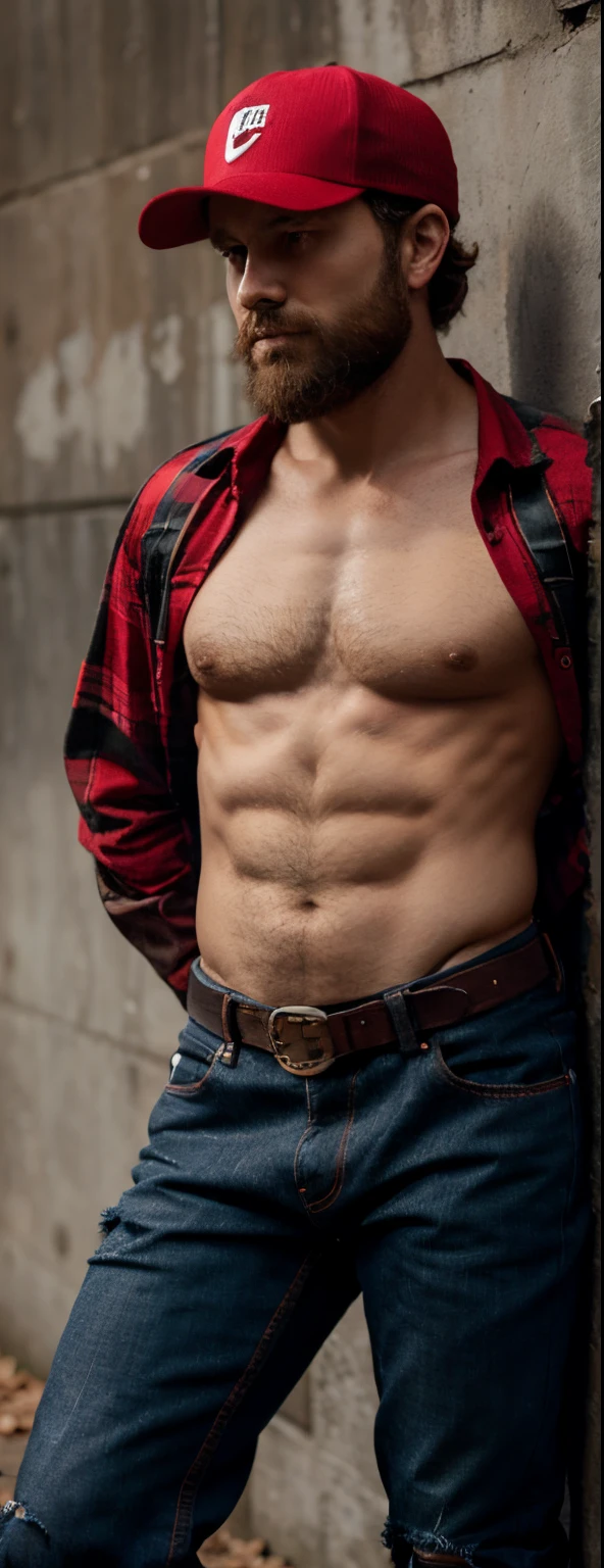 bearded man, red trucker cap, long-sleeved lumberjack shirt, no shirt, high-waisted jeans with buckle belt, pants with rips, red and black Nike sneakers, full body, stands