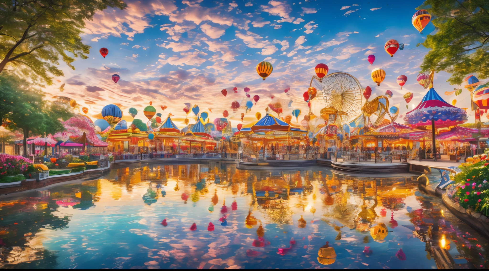 a charming dream, Vibrant and whimsical, Featuring fantastic rides and attractions, Fantastic creatures, and ethereal scenery, (Best quality at best,4K,8K,A high resolution,tmasterpiece:1.2), ultra - detailed, (actual,realisticlying,Photorealistic:1.37), HighDynamicRange, hyper HD, vibrant with colors、Focus Clear, like a complex illustration, Bathed in golden sunlight, (carousel horses:1.1, he Ferris wheel:1.1), (roller coasters:1.1, Thrilling rides:1.1), (mermaids:1.1, fairies:1.1), (a unicorn:1.1, drak:1.1), surrounded by lush greenery and blooming flowers, (Sparkling water:1.1, an enchanted forest:1.1), big breasts and big breasts (The children:1.1, famiglia:1.1) laugh and play, Experience pure joy and wonder, (balloons:1.1, confeti:1.1) filling the air, Create a festive and joyful atmosphere.