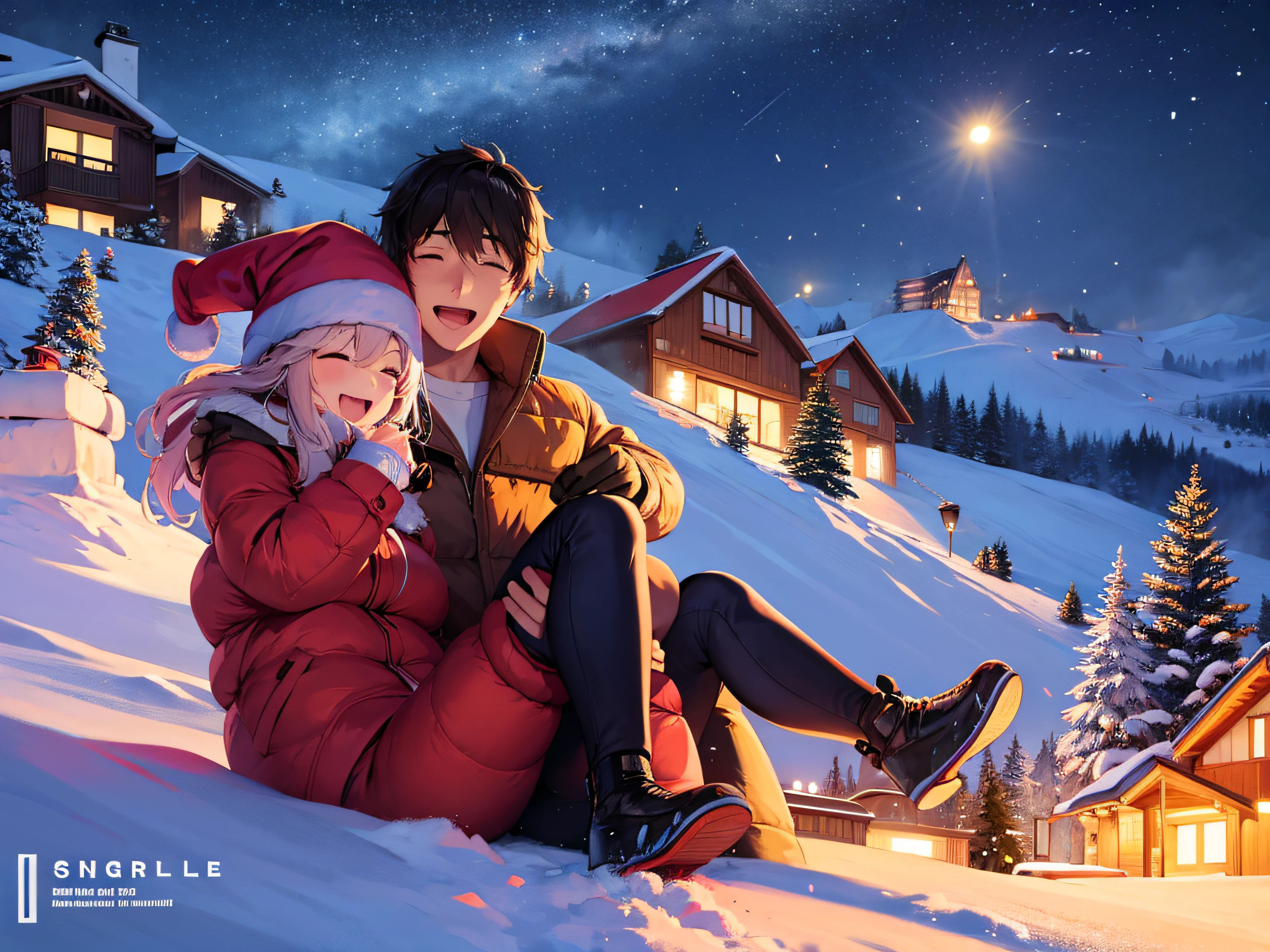 illustratio。Couple having fun at the ski resort on Christmas。Looks happy