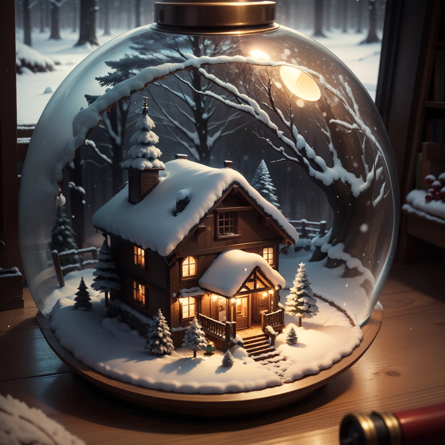 a small, winter globe with a house inside, winter, trees, and a pond, christmas trees, christmas decorations, snowflakes