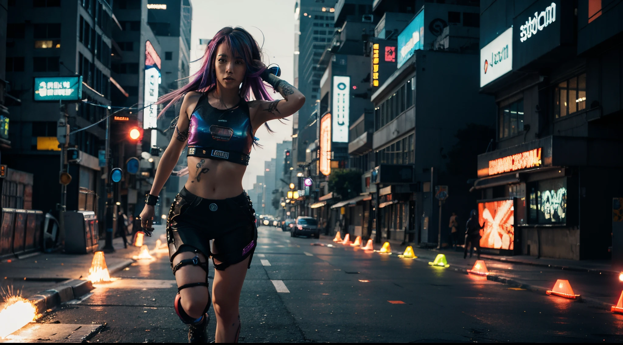 Cyberpunk girl multi color Hair running from the aliens, 8k, high resolution, details,