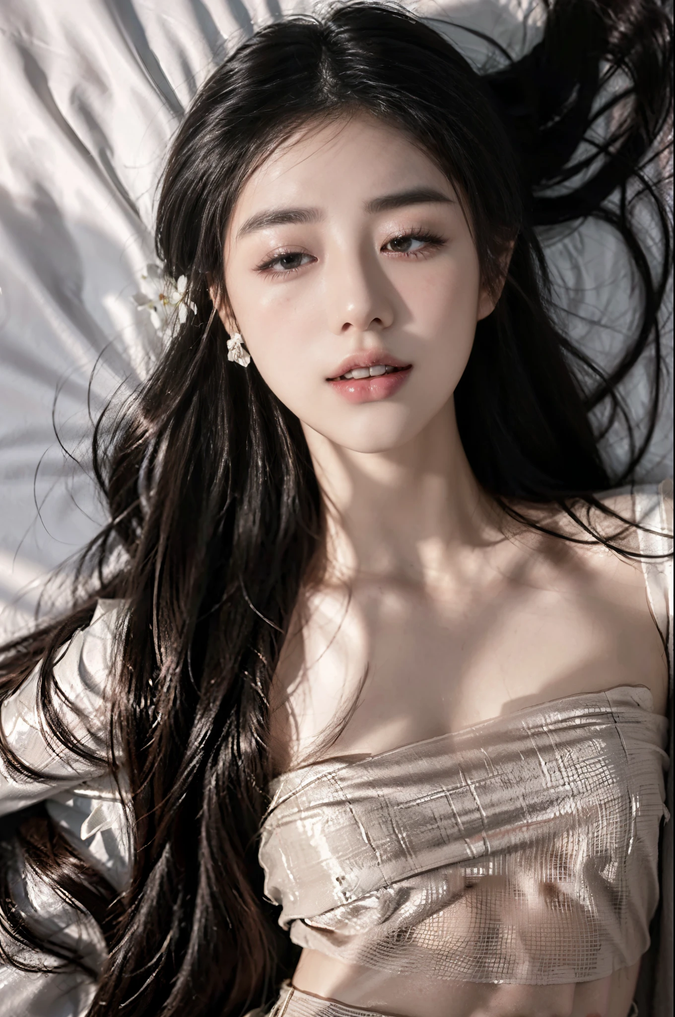 ((black long hair)),extremely detremely detailed CG),(((8K))),the wallpaper,((Extremely Delicately Beautiful)),(((tmasterpiece))),(((Best quality))),(((超A high resolution))),beautiful light up，Perfect lightning,realistic shaded，[A high resolution],(Smooth and flawless fair skin:1.5),Facial details are extremely delicate,ultra - detailed,one-girl,solo,small head,small face,Clear face,Delicate makeup,(Eyes covered by white flower blindfold:1.1),(laughingly:1.2),(perfect bodies:1.1),small breast,flat chest,Slim,thin,(from above:1.2),night scene,dim murky lights,(outdoor),(white hanfu:1.3),(Lying flat on back on the grassland:1.5),(close eyes:1.5),(open mouth:1.3),（female organismic:1.5),(blush:1.3),Ahegao,full body