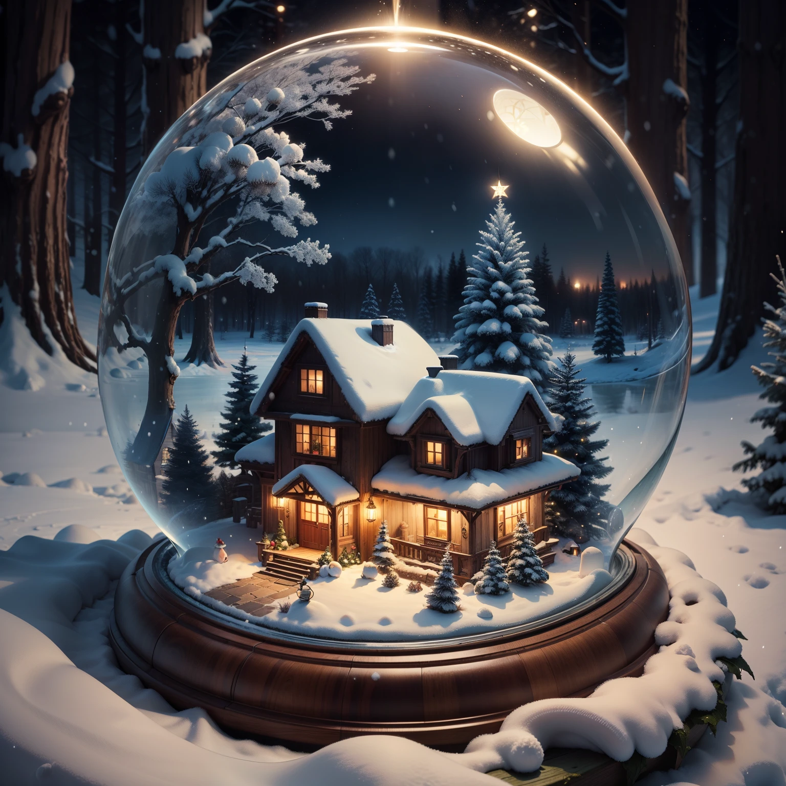a small, winter globe with a house inside, winter, trees, and a pond, christmas trees, christmas decorations, snowflakes