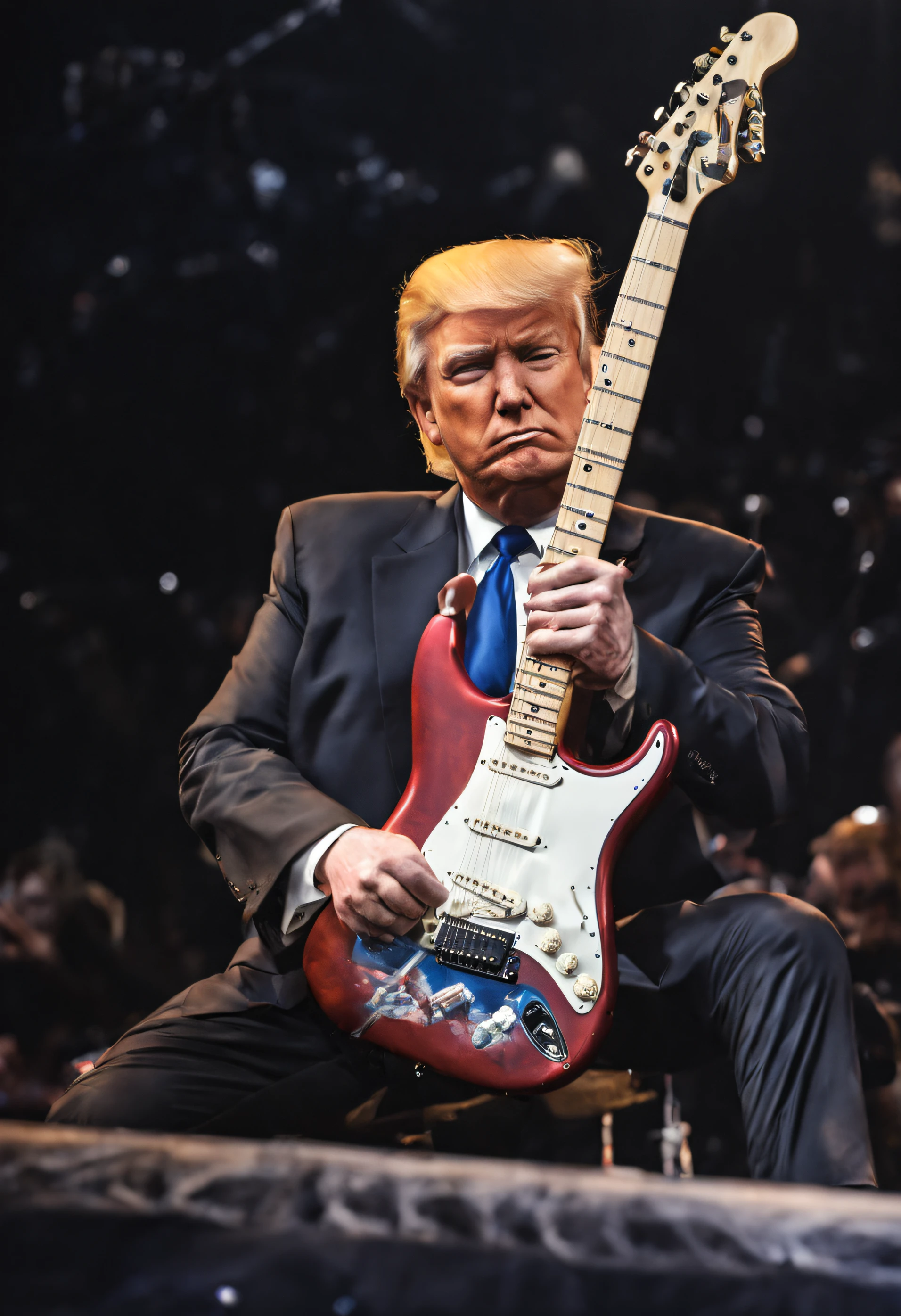 photo realistic high resolution Donald trump on stage playing rock and roll on perfect Fender Stratocaster