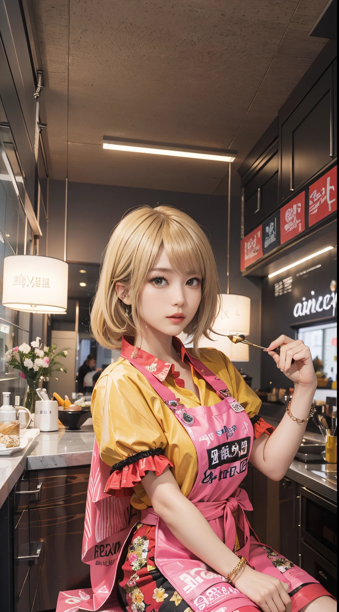 A young, charismatic female hairdresser in a vibrant salon, embodying the gyaru fashion style with blonde hair. She is Asian, with her blonde hair dramatically styled, and wearing bold, fashionable makeup. Her outfit is edgy and chic, capturing the essence of gyaru fashion with flashy accessories and a stylish apron. The salon is lively and colorful, filled with trendy furniture and modern decor. It's a perfect environment that reflects her energetic and avant-garde gyaru style, enhancing her fashionable blonde appearance.