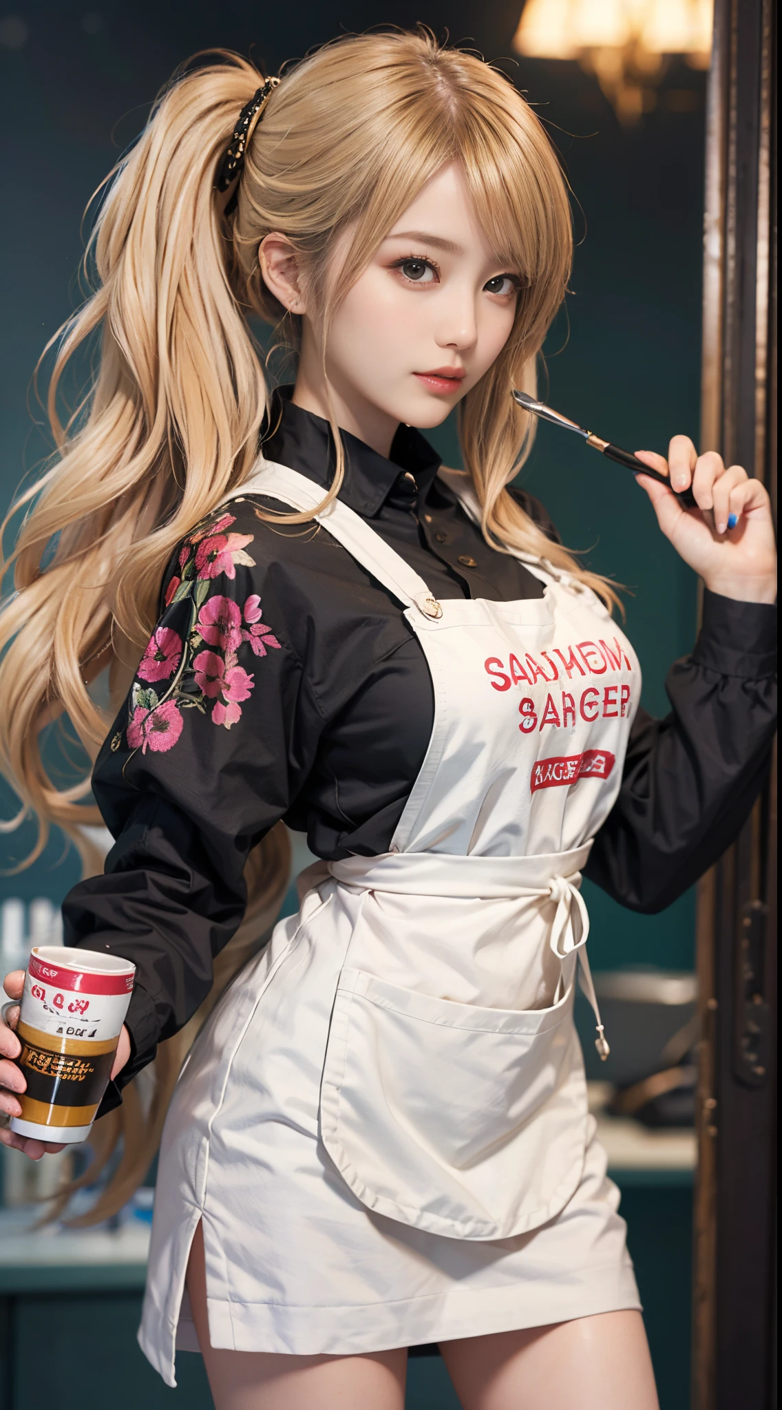 A young, charismatic female hairdresser in a vibrant salon, embodying the gyaru fashion style with blonde hair. She is Asian, with her blonde hair dramatically styled, and wearing bold, fashionable makeup. Her outfit is edgy and chic, capturing the essence of gyaru fashion with flashy accessories and a stylish apron. The salon is lively and colorful, filled with trendy furniture and modern decor. It's a perfect environment that reflects her energetic and avant-garde gyaru style, enhancing her fashionable blonde appearance.