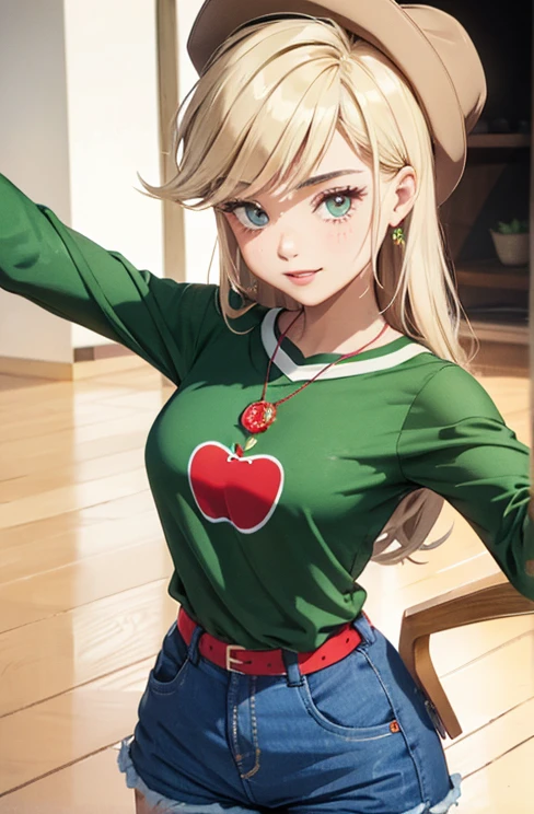Hermosa chica, Tiro superior,((Selfie)), lindos ojos , cabello rubio, fondo aleatorio, besar, Beautiful, senos grandes , pechos grandes , mirada coqueta, ((muy detallado)), (Cara perfectamente detallada), (Mano bien detallada), Imagen fotorrealista, hermosa chica , chica sexy , 22year old , camisa de franela roja abotonada con patrones de cuadros , pantalon de mezclilla azul , sombrero vaquero , cinturon con figura de manzana , cabello rubio largo , applejack , mlp , ojos verdes ,linda sonrisa , maquillaje , labios rojos , pecas en mejillas