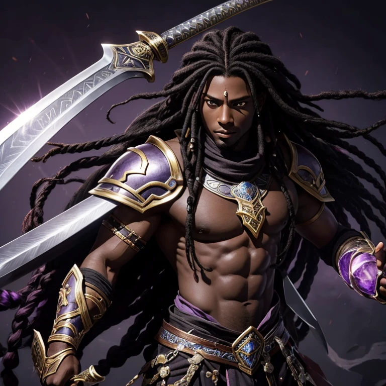 Dark skin, male, long black dreadlocks, amethyst colored eyes, large great sword,