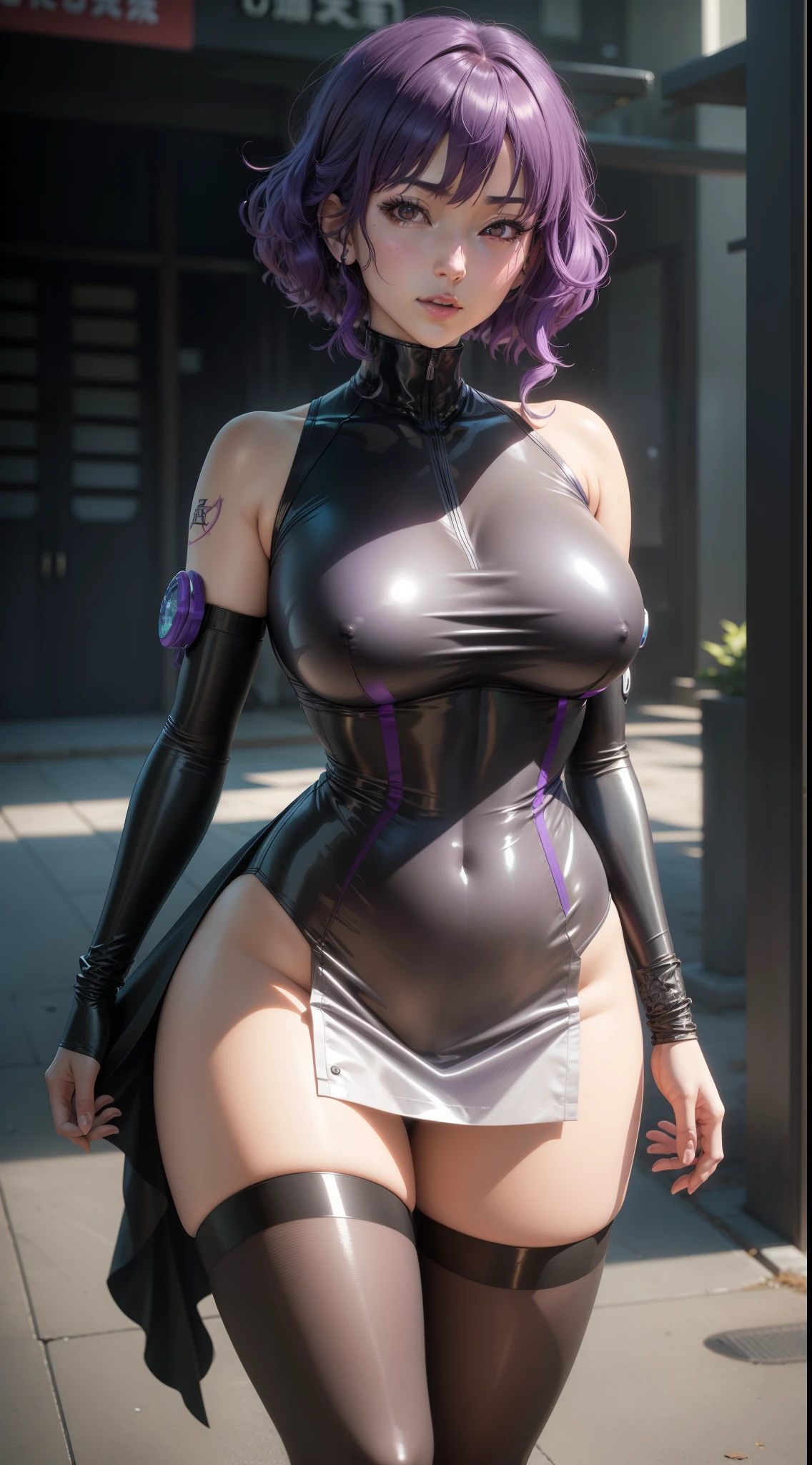 Kusanagi&#39;s portrait_motoko, The is very detailed, 詳細な目, 详细的脸, Purple colored hair, red eyes,Anime style woman wearing black tights， anime《Fantasma na Concha》Curly, kusanagi, Misato Katsuragi, Inspired by Morikage Hisumi, anime, Fantasma na Concha, Ghost in the Shell style,seductive anime girls, Anime cute art style, smooth anime cg art, thicc, Anime girl wearing black dress, photorealistic anime girl rendering, ECCHI anime style, realistic anime 3D style, attractive anime girls, [ 4K digital art ]!!
