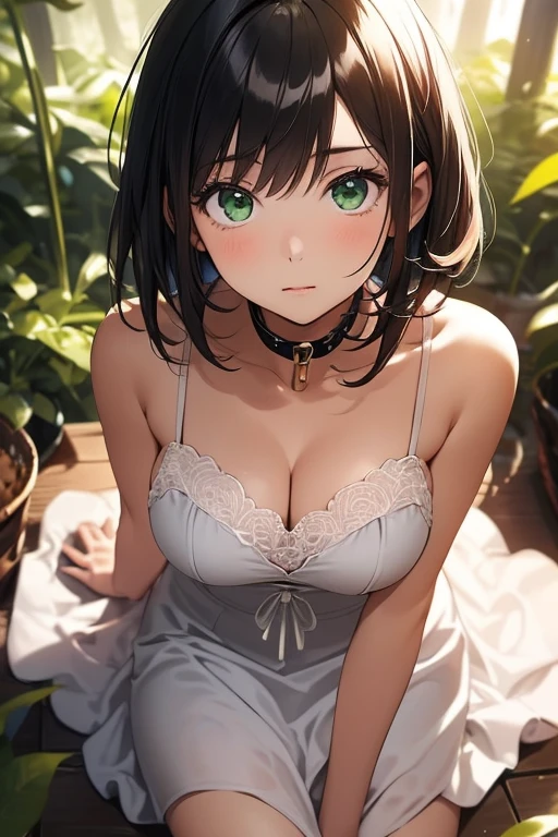 masterpiece, best quality, one girl, beautiful girl, beautiful gleen forest, forest, woman wearing slave collar, chaste woman, short hair, really fluffy hair, black hair with grey highlights, green eyes, look up at the front, look of confusion, white dress, breathtakingly beautiful, gms,