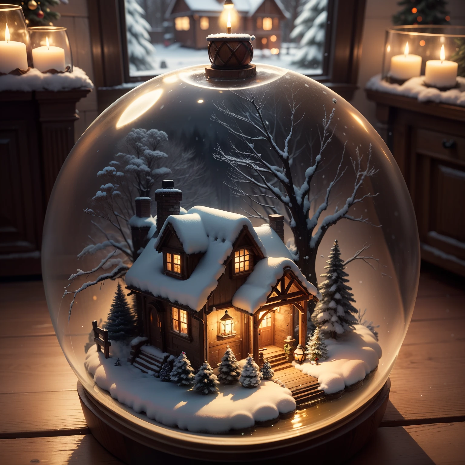 a small, winter globe with a house inside, winter, trees, and a pond, christmas trees, christmas decorations, snowflakes