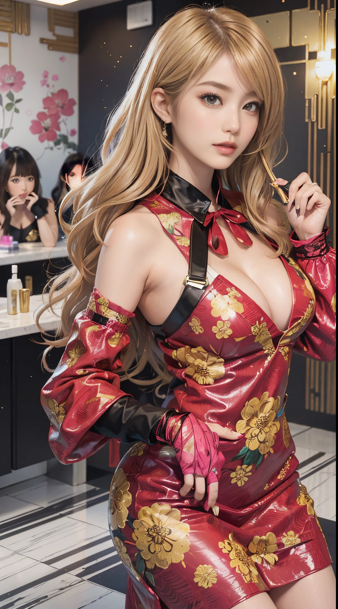 nsfw, A young, charismatic gyaru-style female hairdresser with blonde hair in an elaborate salon. She is Asian, with her hair dramatically styled, wearing bold makeup. The salon is luxuriously decorated with extensive details: stylish mirrors, trendy salon chairs, a wide range of hair styling tools like hairdryers, scissors, brushes, and an array of hair products. The decor includes fashionable accessories, vibrant colors, and dynamic lighting, creating an energetic and trendy atmosphere that showcases the gyaru fashion essence and the hairdresser's flair.